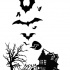 Black-ink flying bats over dark house in halloween night tattoodesign