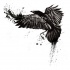 Black-ink flying raven with watercolor effect tattoo design