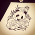 Black-ink panda head surrounded with huge rose buds tattoo design