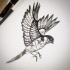 Black-ink patterned flying sparrow tattoo design