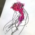 Black-line geometric jellyfish on bright pink watercolor background tattoo design