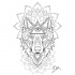 Black-line wolf with illuminati and mandala flowers tattoo design