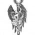 Anjo negro com cabeça coberta mantendo um longo desenho de tatuagem de bastão