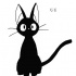Black cartoon googled cat with japanese hieroglyphs tattoo design