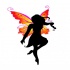 Black curly-haired fairy silhouette with orange-and-purple wings tattoo design by Yua San