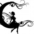 Black elegant fairy sitting on curly moon tattoo design