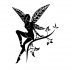 Black fairy silhouette with leaf-printed wings sitting on branch tattoo design