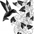 Black hummingbird and flowered vine branch tattoo design