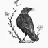 Black lined raven sitting on flowered branch tattoo design