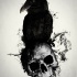 Black raven sitting on skull in black smoke tattoo design