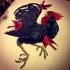 Black rooster escaping from little red birds tattoo design