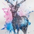 Black swirly deer on blue-and-pink watercolor background tattoo design
