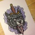 Black wolf killed with a dagger in purple smoke tattoo design