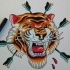 Blooded tiger head killed with arrows tattoo design