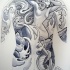 Blue-and-white mermaid in crashing water tattoo design on whole back