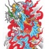 Blue-and-yellow chinese dragon in red flame tattoo design