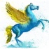 Pegasus salpicado de azul e amarelo em pé na traseira do tattoo design