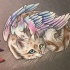 Blue-eyed fluffy domestic animal with rainbow angel wings tattoo design