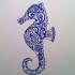 Blue-ink folk-patterned seahorse tattoo design