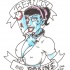 Garota de zumbi pin-up de pele azul com banners de design de tatuagem