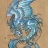 Blue cartoon flying dragon with feathers tattoo design