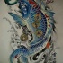 Blue chinese fish with a bunch of coins tattoo design