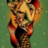 Bonny colorful old school mermaid with weeds and flower tattoo design