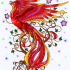 Bright red phoenix flying on green vine-branch background tattoo design