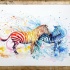 Bright swirly orange-and-blue watercolor zebra couple tattoo design