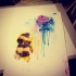 Bright watercolor bee and rose in smudges tattoo design
