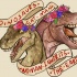 Brown dinosaur couple in multicolor floral wreaths with banners tattoo design