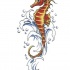 Calm orange seahorse on blue water splash tattoo design