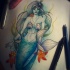 Captivating mermaid in blue shining with orange starfishes tattoo design