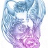 Cartoon blue-and-purple owl keeping a lamp tattoo design