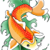Cartoon bright orange fish in green water tattoo design