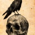 Cartoon raven sitting on scary human skull tattoo design