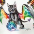 Cat dragon with rainbow wings and space ball tattoo design