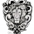 Celtic green-eyed lion portrait in curled frame tattoo design