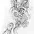 Charming grey-ink phoenix in curly smoke tattoo design