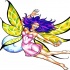 Cheerful violet-haired fairy in pink dress with yellow wings tattoo design