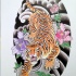 Chinese tiger on cloudy adn peony flowers background tattoo design