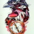 Colorful drawn raven portrait and watch tattoo design