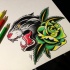 Colorful old school panther and green rose flower tattoo design
