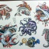Colorful traditional water animals tattoo design
