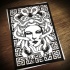 Cool black-and-white medusa gorgona face on geometric-patterned ackground tattoo design