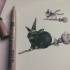 Cool black-and-white rabbit witches flying by besom tattoo design