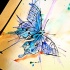 Cool black-line butterfly on blue watercolor splash tattoo design