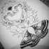 Cool dotwork moth with big heart and flowers tattoo design