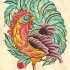 Cool multicolor rooster witk huge peacock tail tattoo design
