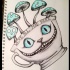 Crazy black-and-turquoise cheshire cat cup and mushrooms tattoo design